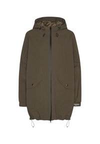 Chaqueta con capucha de color verde oliva con textura a rayas; cuenta con un cierre frontal, dos bolsillos con botón a presión y un dobladillo ajustable con cordón.
