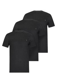 Tre t-shirt nere a girocollo realizzate in morbido cotone. Ognuna ha maniche corte e un piccolo logo sul petto. Design semplice e classico.
