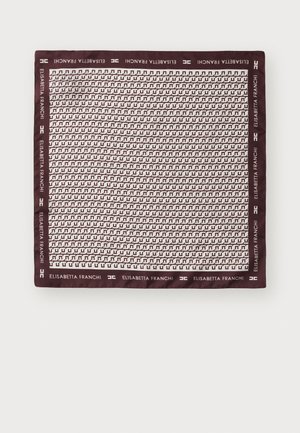 Silk scarf featuring a repeating geometric pattern in cream on a burgundy background, with brand logo in white along the edges.