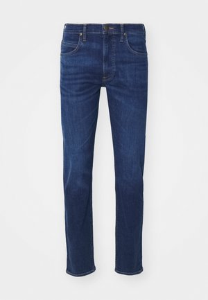 Blå denim jeans med rett ben-design, fem lommer og knappelukking. Tøyet har en glatt tekstur med lett falming.