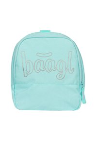 Zelený batoh v mátové barvě s zaobleným designem, zipovým uzávěrem a stříbrnou výšivkou slova "baagl" na přední straně. Odolný textilní materiál.