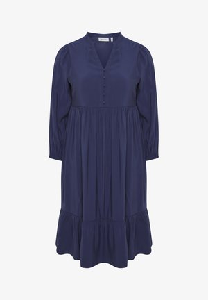 Abito blu navy con scollo a V, maniche lunghe e dettagli con bottoni. Presenta una gonna plissettata con orlo a volants a strati. Tessuto dalla texture morbida.