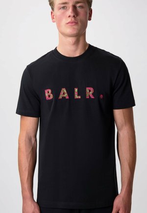 Zwarte katoenen t-shirt met "BALR." in kleurrijke, gemêleerde letters. Korte mouwen en ronde halsontwerp. Effen textuur.