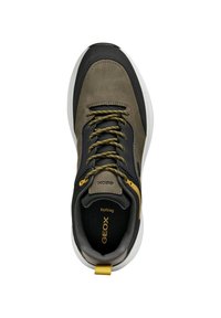 Zapatilla con cordones de parte superior de ante verde oscuro, detalles en negro y cordones de color amarillo dorado. Presenta una puntera redonda y suela de goma blanca.