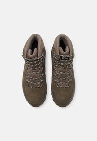 Scarpe da escursionismo marroni in pelle e rete, con colletto imbottito, lacci grigi e suola robusta per una buona presa. Logo sulla linguetta.