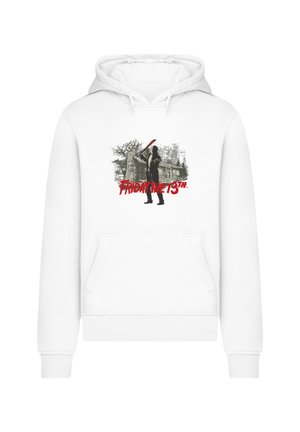 Weißer Hoodie mit einem grafischen Druck, der eine Figur mit einer Waffe vor einer Hütte zeigt, und dem Text "FRIDAY THE 13TH". Mit Fronttasche und Kordelzugkapuze.