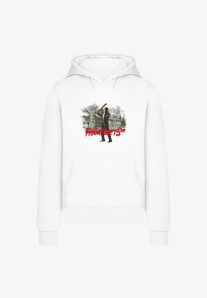 White hoodie featuring a graphic print with a figure holding a weapon in front of a cabin and text "FRIDAY THE 13TH." Front pocket and drawstring hood.