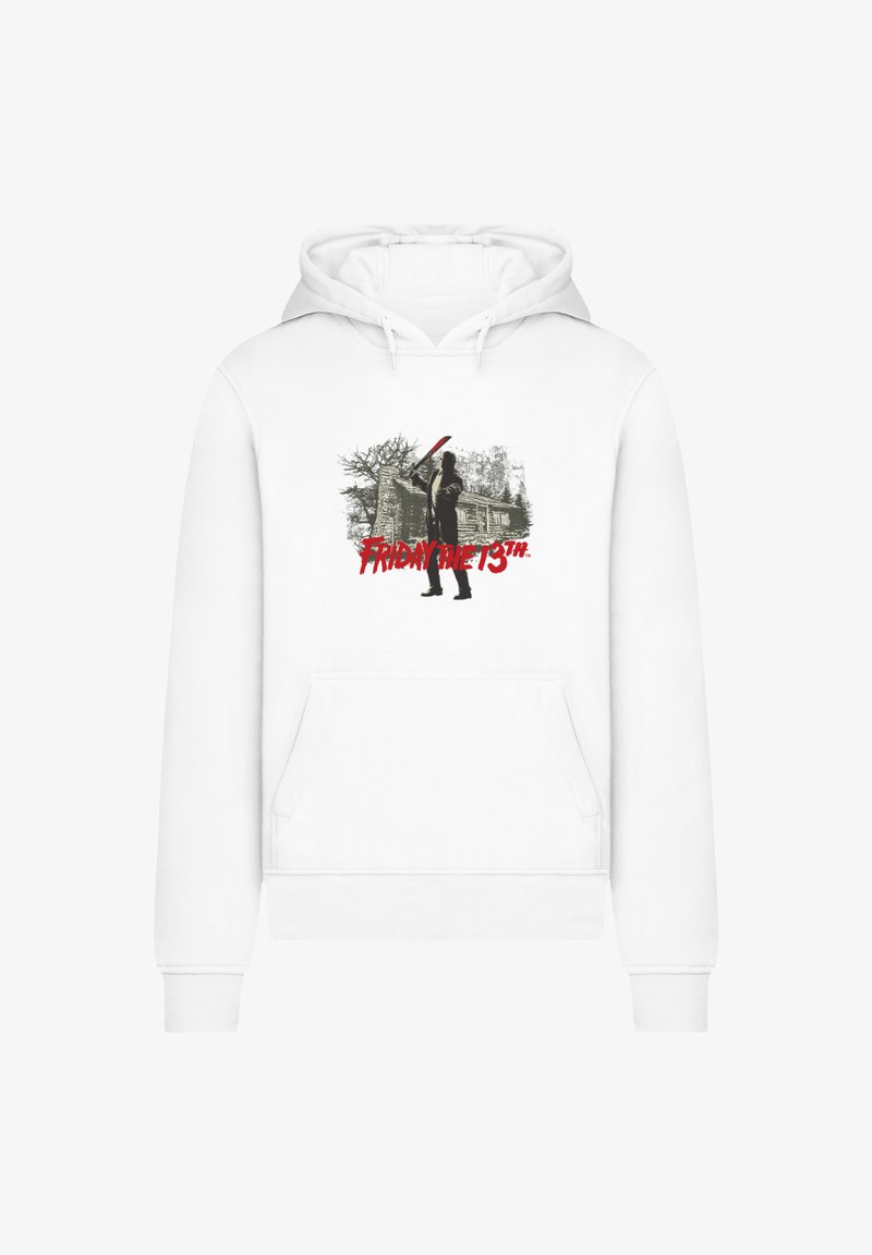 White hoodie featuring a graphic print with a figure holding a weapon in front of a cabin and text "FRIDAY THE 13TH." Front pocket and drawstring hood.
