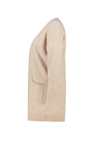 Beige gebreide cardigan met lange mouwen, v-hals, twee zijzakken, geribbelde manchetten en zoom, zachte textuur en een relaxte pasvorm.