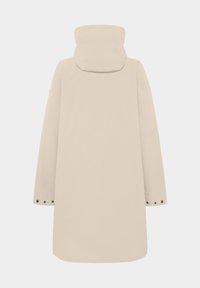 Manteau long beige avec capuche, manches longues et détails de boutons aux poignets, montré de dos sur fond blanc.