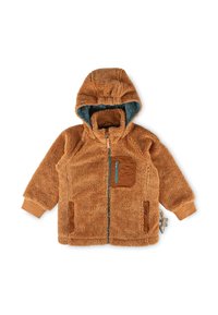 Beige Fleecejacke mit Kapuze, Frontreißverschluss und Seitentaschen. Sie verfügt über eine strukturierte Außenseite und ein blaues Steppfutter mit braunen Lederakzenten.