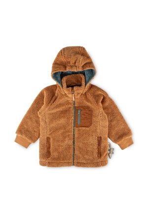 Beige Fleecejacke mit Kapuze, Frontreißverschluss und Seitentaschen. Sie verfügt über eine strukturierte Außenseite und ein blaues Steppfutter mit braunen Lederakzenten.