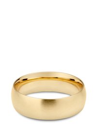 Goldene Eheringe mit einer gebürsteten, matten Oberfläche. Das Innere ist poliert und glatt, mit einem abgerundeten, klassischen Design.