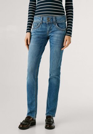 Jean en denim bleu avec une taille mi-haute, featuring deux poches avant, une fermeture à bouton et une coupe droite. Texture lisse.