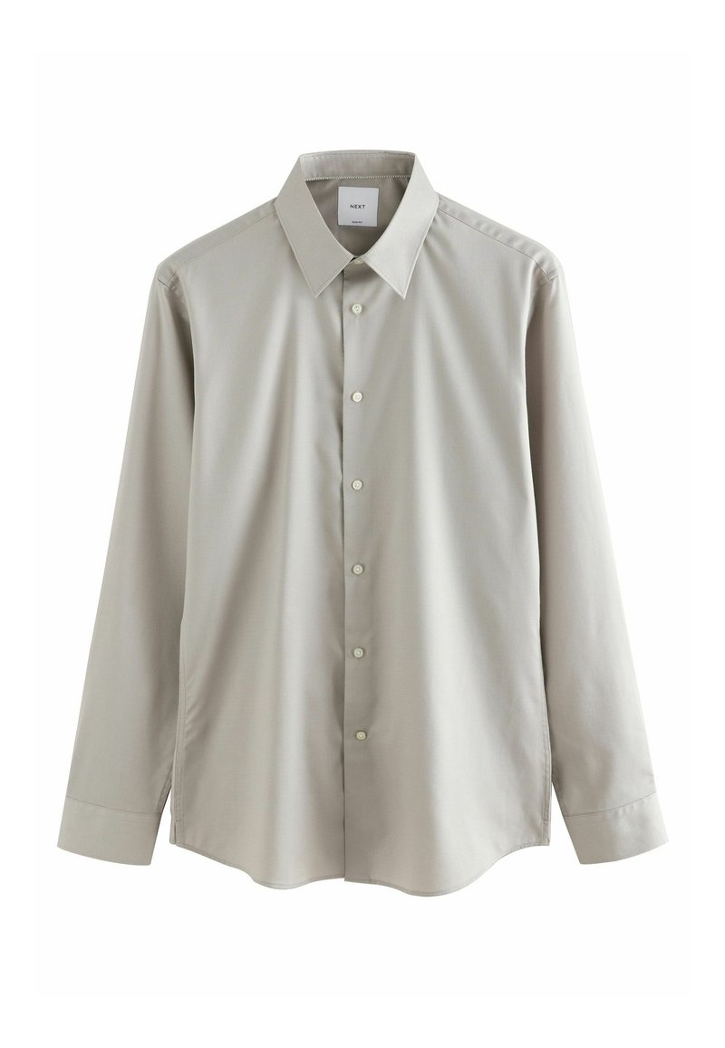 Camicetta grigia chiara a maniche lunghe realizzata in tessuto morbido. Presenta un colletto a punta, chiusura con bottoni e orlo arrotondato. Design minimalista con una texture sottile.