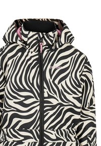 Zebra-gepatroneerde jas in zwart en crème met een rits aan de voorkant, een capuchon en roze accenten. Gemaakt van een glad, duurzaam materiaal.
