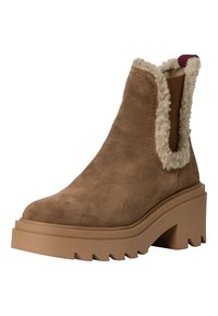 Braune Wildleder-Stiefelette mit Kunstfellbesatz, elastischen Seitenpaneelen und einer stabilen, gerippten Plattformsohle. Mit einem runden Zehenaufsatz.