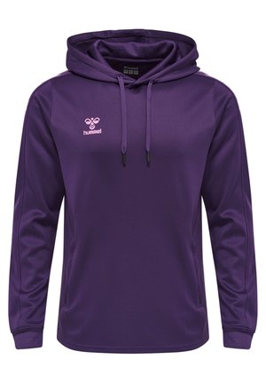 Lila huvtröja i slätt material med en rosa logotyp på bröstet och kontrasterande sidostraper. Långa ärmar och snörning i huvan.