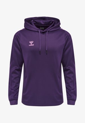 Paars hoodie gemaakt van gladde stof, met een roze logo op de borst en contrasterende zijstrepen. Lange mouwen en een capuchon met trekkoord.