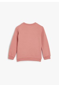 Sudadera rosa hecha de suave algodón con cuello y puños acanalados. Presenta mangas largas y un corte relajado. Diseño liso, sin estampados.