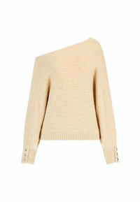 Maglione color crema a spalle scoperte realizzato in un tessuto a maglia testurizzato, con maniche lunghe caratterizzate da dettagli con bottoni ai polsini e orlo a coste.