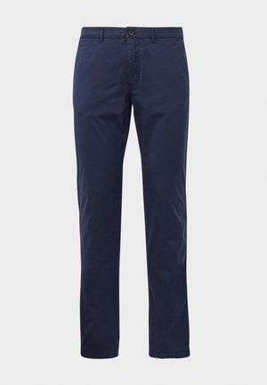 Marineblaue gerade geschnittene Hose mit Knopf- und Reißverschluss, Gürtelschlaufen und seitlichen Taschen, präsentiert auf einem weißen Hintergrund.