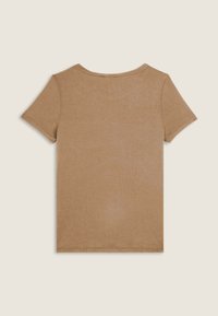 Maglietta a maniche corte marrone con scollatura rotonda, realizzata in un tessuto morbido, caratterizzata da un design semplice senza motivi o dettagli.