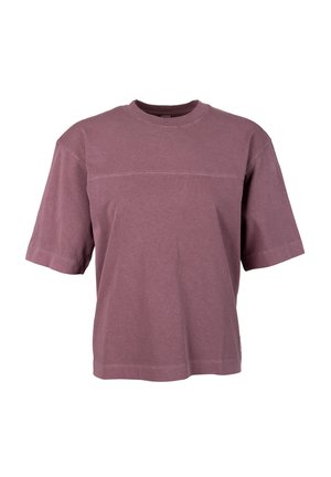 Mauvefarbenes kurzärmeliges Baumwoll-T-Shirt mit Rundhalsausschnitt und horizontalem Nahtdetail über der Brust, gezeigt auf weißem Hintergrund.
