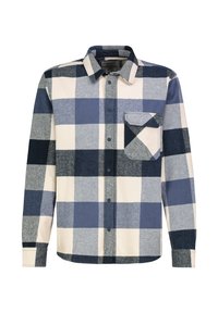 Langarmhemd aus weichem Stoff mit blauem, marineblauem und cremefarbenem Karo-Muster; verfügt über einen Button-Down-Kragen und eine einzelne Brusttasche.