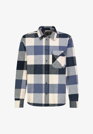 Langarmhemd aus weichem Stoff mit blauem, marineblauem und cremefarbenem Karo-Muster; verfügt über einen Button-Down-Kragen und eine einzelne Brusttasche.