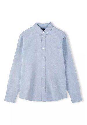 Jasnoniebieska koszula z guzikami uszyta z teksturowanej tkaniny. Posiada kołnierz zapinany na guziki, długie rękawy oraz kieszeń na piersi.