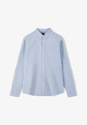 Jasnoniebieska koszula z guzikami uszyta z teksturowanej tkaniny. Posiada kołnierz zapinany na guziki, długie rękawy oraz kieszeń na piersi.