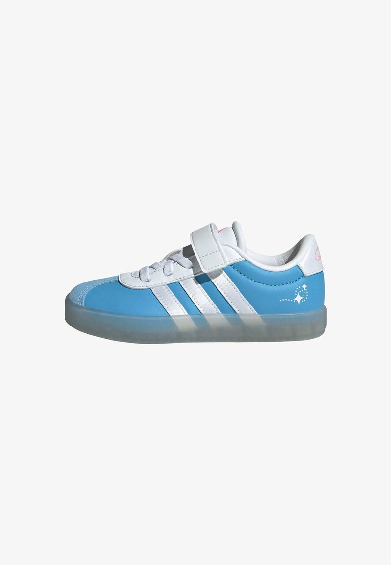 Blue athletic shoe with white accents, featuring a smooth synthetic upper, three white stripes, and a translucent sole. Velcro strap closures.