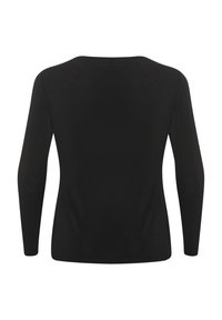 Chemise noire à manches longues avec un col rond et une texture lisse. Présente un design ajusté sans motifs ni détails matériels visibles.