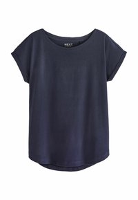 Mörkblå kortärmad t-shirt med rund halsringning, tillverkad av mjukt tyg, med en avslappnad passform och rundad fåll. Lappen synlig.