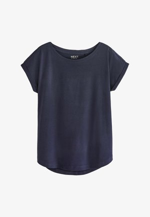 Granatowa koszulka z krótkim rękawem i okrągłym dekoltem, wykonana z miękkiego materiału, cechująca się luźnym krojem i zaokrąglonym dolnym wykończeniem. Widoczna metka.