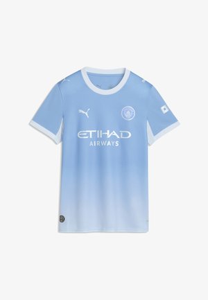 Maillot de football bleu clair de Manchester City avec col blanc, bordure de manches, logo Puma, blason du club et logo du sponsor Etihad Airways à l'avant.
