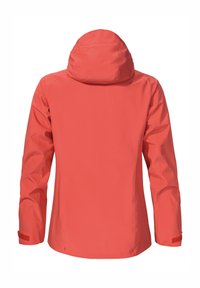 Korallenfarbene, wasserdichte Jacke mit Kapuze, die ein schlankes Design, eine glatte Textur und verstellbare Velcro-Manschetten aufweist.