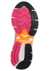 Shoe outsole features a textured black, pink, and orange design. Includes distinct patterns and grooves for traction and flexibility.