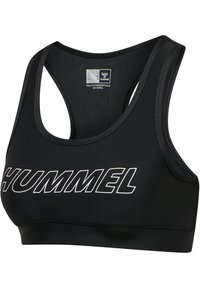 Czarny sportowy biustonosz Hummel w stylu racerback, wyraźne białe logo marki na piersi oraz oddychający materiał treningowy.