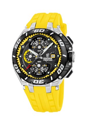 Montre-bracelet sportive Festina Chrono Bike avec cadran noir, accents jaunes, affichage de la date, trois sous-cadrans, lunette noire et bracelet en silicone jaune vif.