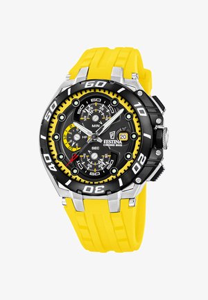 Športové hodinky Festina Chrono Bike s čiernym ciferníkom, žltými akcentmi, zobrazením dátumu, tromi subciferníkmi, čiernym bezelom a jasne žltým silikónovým remienkom.