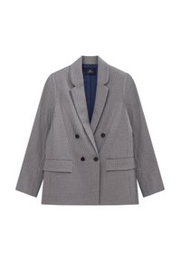 Dwurzędowa marynarka w szaro-białą kratę w jodełkę, z kołnierzykiem w kształcie zakładki, dwoma przednimi kieszeniami i ciemnymi guzikami. Materiał z mieszanki bawełny.