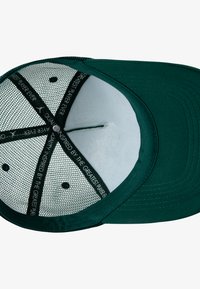 Gorra verde con un diseño estructurado, interior de malla y visera plana. Presenta una marca a lo largo de la banda interior. Tela y textura suaves.