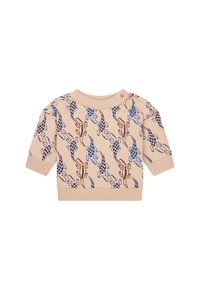 Hellbeige Pullover mit langen Ärmeln, einem gerippten Ausschnitt und einem verspielten Allover-Muster von blauen und orangefarbenen Krokodilen.