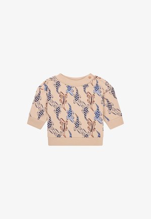 Hellbeige Pullover mit langen Ärmeln, einem gerippten Ausschnitt und einem verspielten Allover-Muster von blauen und orangefarbenen Krokodilen.