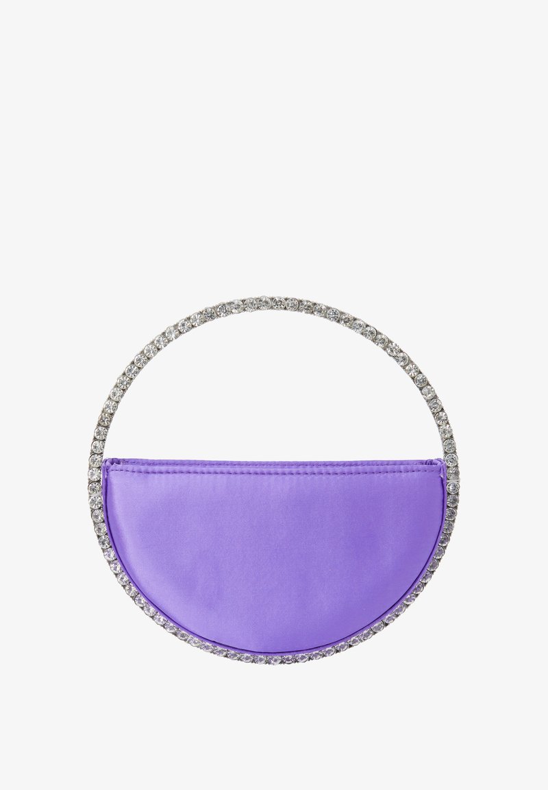 Lila selyem fényformájú kézitáska, kerek, kristályokkal díszített fogantyúval; sima textúrájú, fényes felülettel.