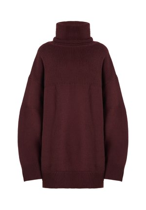 Bordeauxrode gebreide trui met een hoge col, losse pasvorm, afhangende schouders en geribbelde manchetten en zoom. Gevoerd patroon over het hele lichaam.