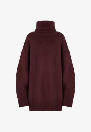 Maglione in maglia bordeaux con alto collo a dolcevita, vestibilità ampia, spalle scese e polsini e orlo a coste. Motivo lavorato su tutto il corpo.