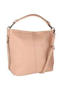 Roze leren handtas met een gestructureerde afwerking, voorzien van een verstelbare schouderriem, ritssluiting en opvallende metalen accenten.